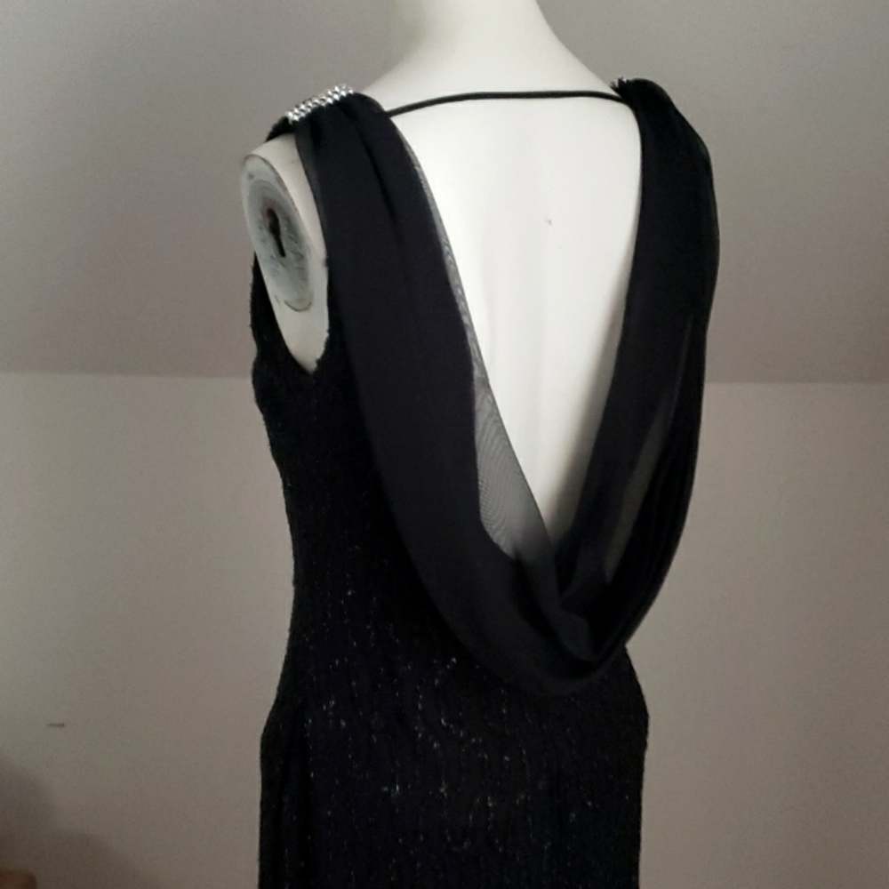 Amanda Taylor Vintage Black Beaded Sleeveless Deep Back Shawled Dress Sz 6 - Picture 1 of 16